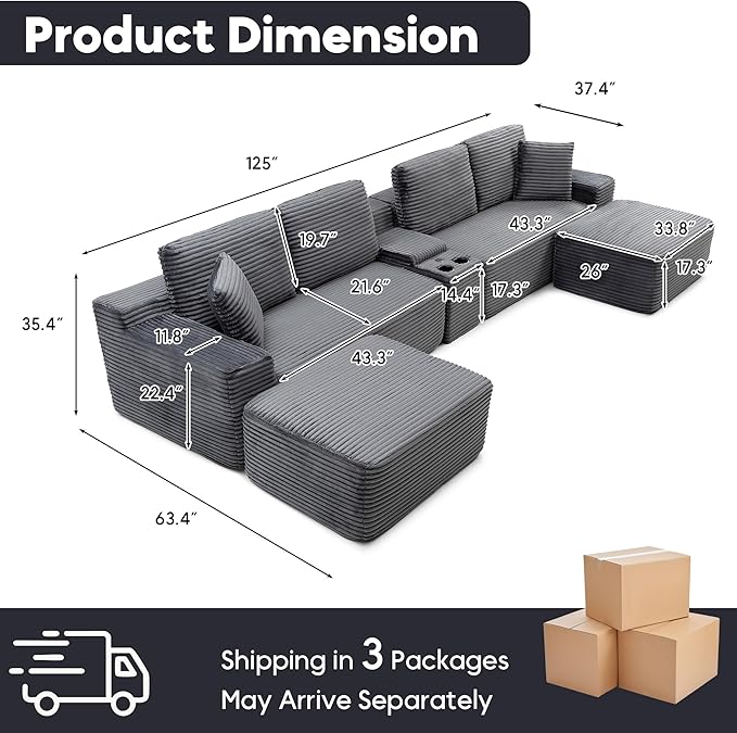 125” Oversized Modular Sectional Sofa, Deep Seat Corduroy Cloud Couch with Cup Holders, USB Ports & Storage Box, Sleeper Sofa Couch Boneless Couches for Living Room, No Assembly Required (Grey)