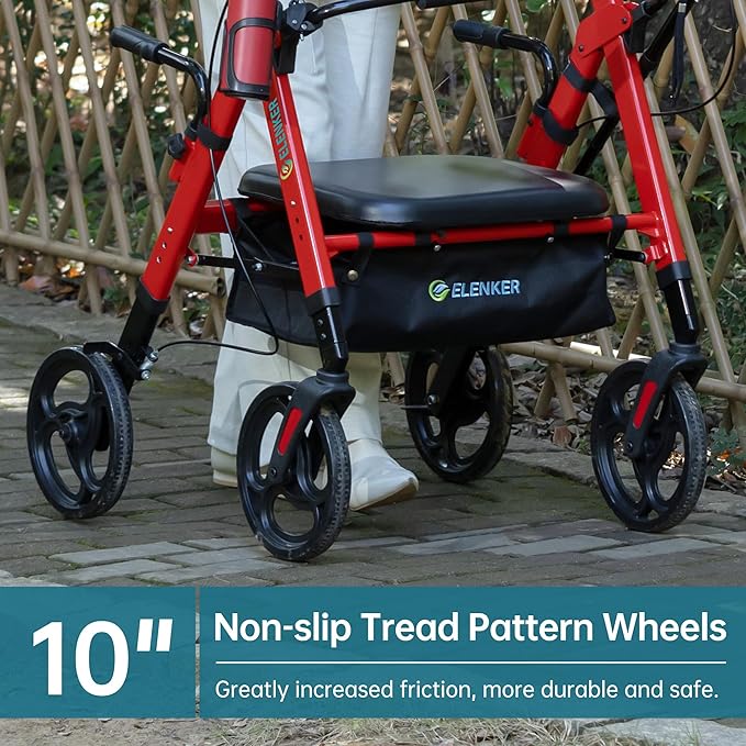 ELENKER Heavy Duty Upright Walker with Extra Wide Padded Seat and Backrest, Aluminum Bariatric Stand Up Rolling Walker, 10” Wheels, Fully Adjustment Frame, Support up to 500 lbs for Seniors, Red