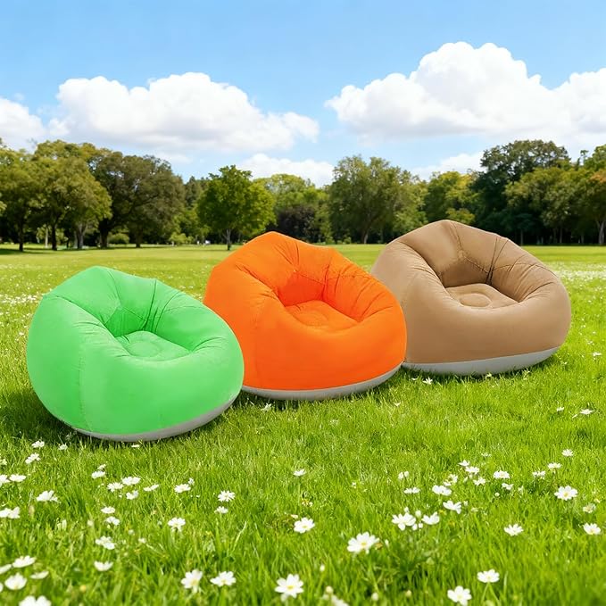 6 Pcs Bean Bag Chairs for Adults, Inflatable Chairs with Foot Pump, Folding Blow Up Couch, Flocking Portable Lazy Sofa for Movie Night, Living Room, Camping, 220 lbs Load Capacity (Brown+Green+Orange)