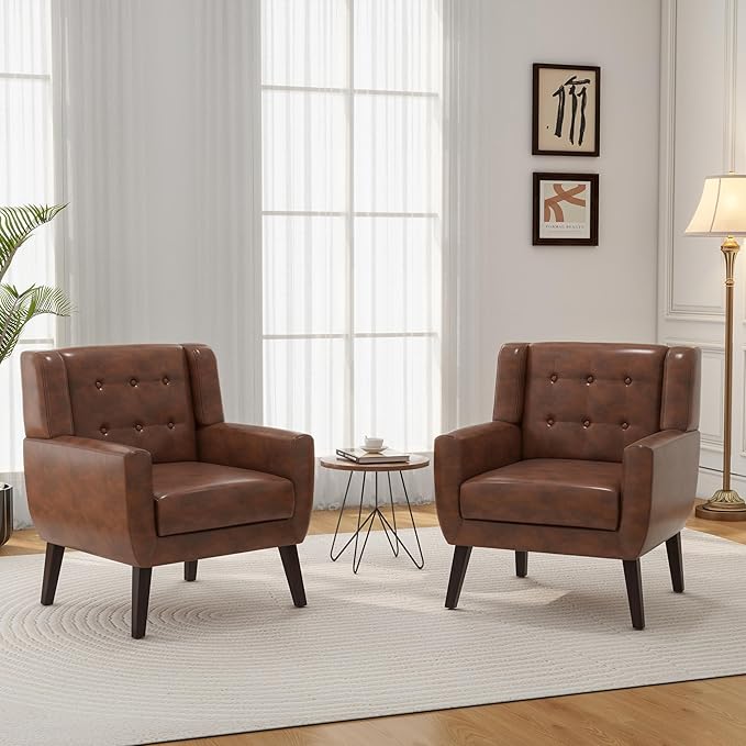 Accent Chair, Mid-Century Modern PU Leather Chairs with Arms for Living Room, Comfy Upholstered Club Single Sofa Armchair for Bedroom Waiting Room with Solid Wood Frame-Leather Coffee, Set of 1