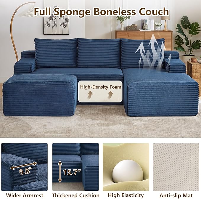 96" U-Shape Cloud Couch, Modern Modular Sectional L-Shape Sofa with Ottoman, Corduroy Upholstered Couches Deep Seat Sleeper Chaise Longue for Living Room, No Assembly Required(Blue, Right Facing)