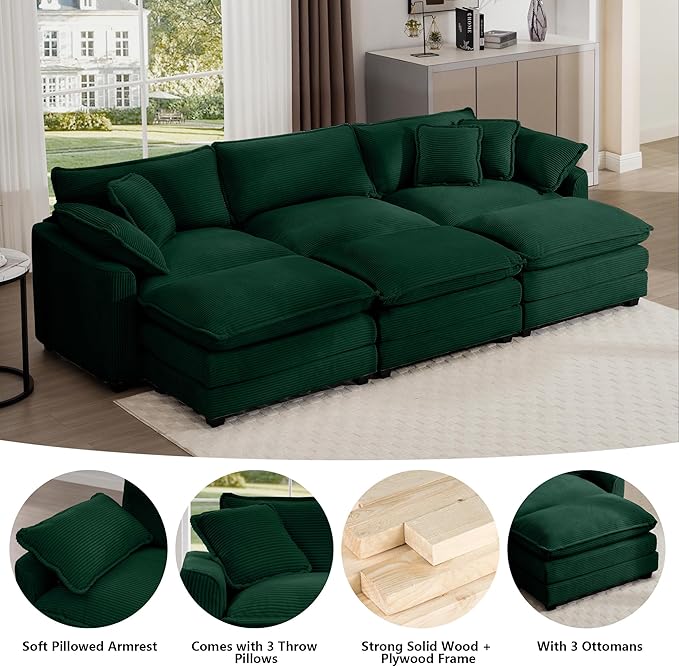 Aoowow Corduroy 3 Seater Sleeper Couch with Ottomans,Large Cloud Couches for Living Room,Oversized Modular Sectional Cloud Sofas Deep Seat,Tufted Chaise Lounge Sofa (Green, 3 Seater + 3 Ottoman)