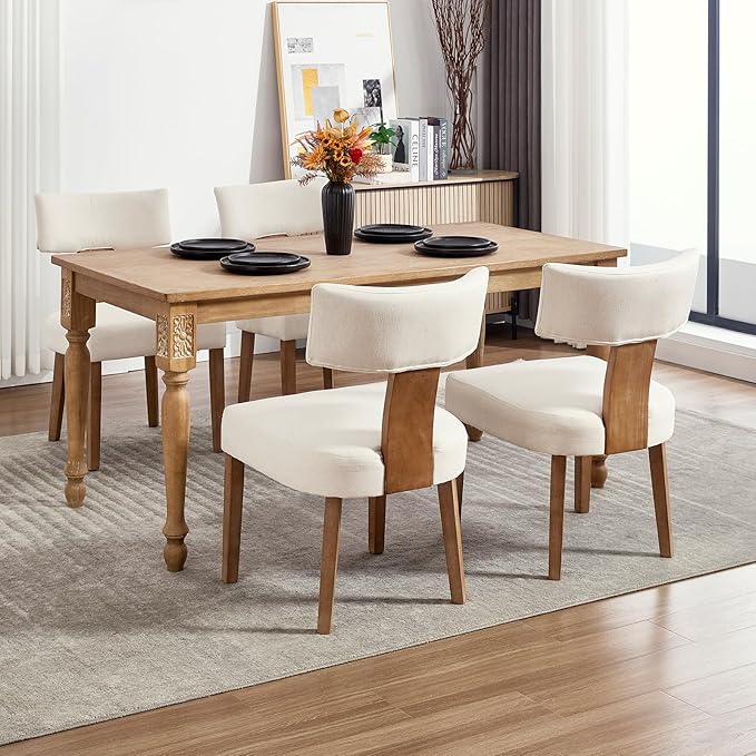 KHISCHMO Mid Century Modern Dining Chairs, Upholstered Linen Fabric Chairs with Curved Backrest and Wood Legs, Comfy Kitchen Vanity Chair for Dining Room/Living Room/Kitchen, Set of 2 Beige