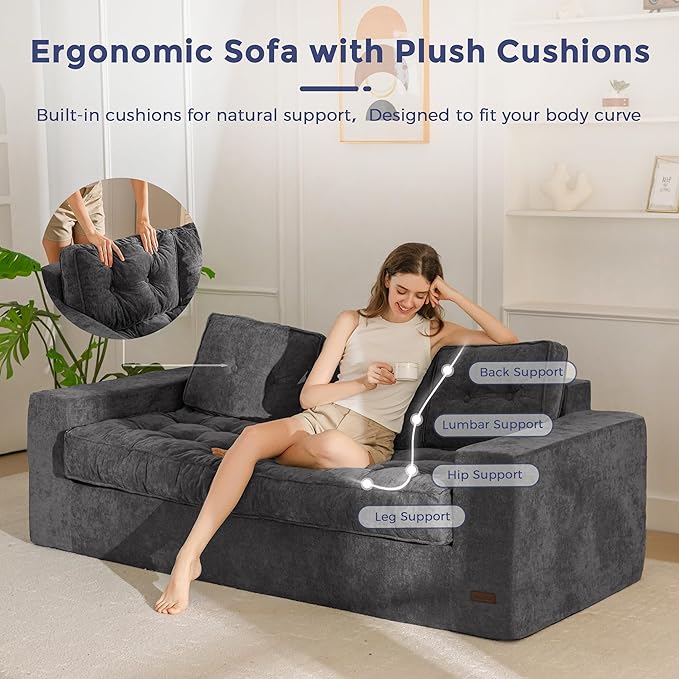 MAXYOYO 3-Seater Boneless Sofa Couch, Tufted Sofa Lounge for Living Room, Comfy Bean Bag Chair High-Density Foam Couch with Pillows, No Assembly Required