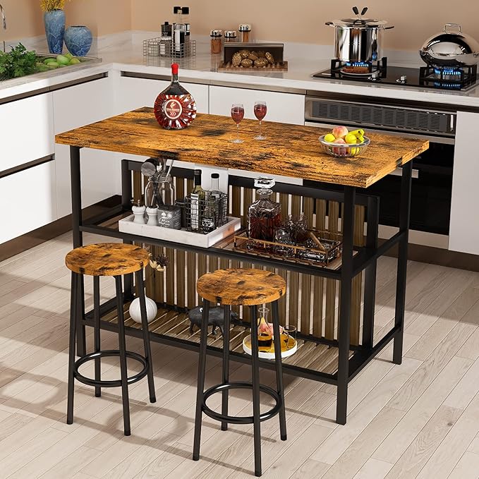 Lamerge 3 Piece Bar Table and Chairs Set, Industrial Bar Table Set for 2 Kitchen Island with Seating,Counter Height Table with Storage Shelves,Dining Room Table Set for Kitchen,Walnut
