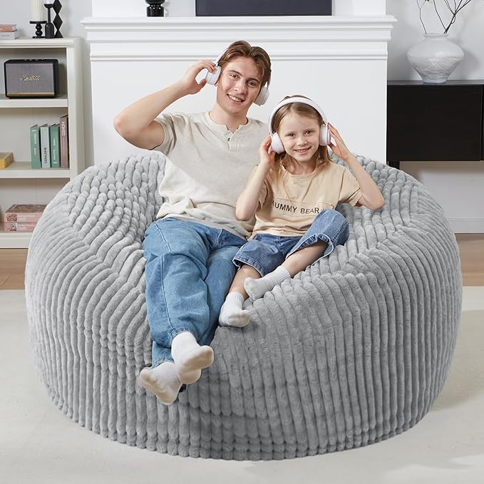 Homguava 4 FT Bean Bag Chair,4' Big Bean Bag,Large Bean Bag Chairs for Adults with Memory Foam Filled,Comfy Beanbag Chairs Soft Bean Bag Sofa with Dutch Corded Plush Cover-Light Grey