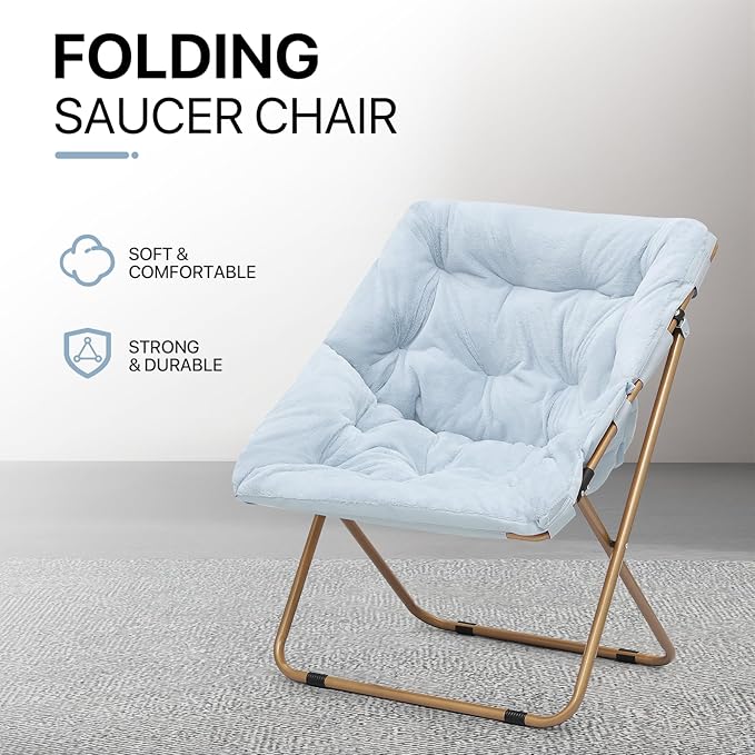 Athena Collection Saucer Chair for Adult, Square Comfy Cozy Chair Folding Chair Faux Fur Metal Frame Foldable Reading Chair Accent Chair for Bed Room Living Room, Blue