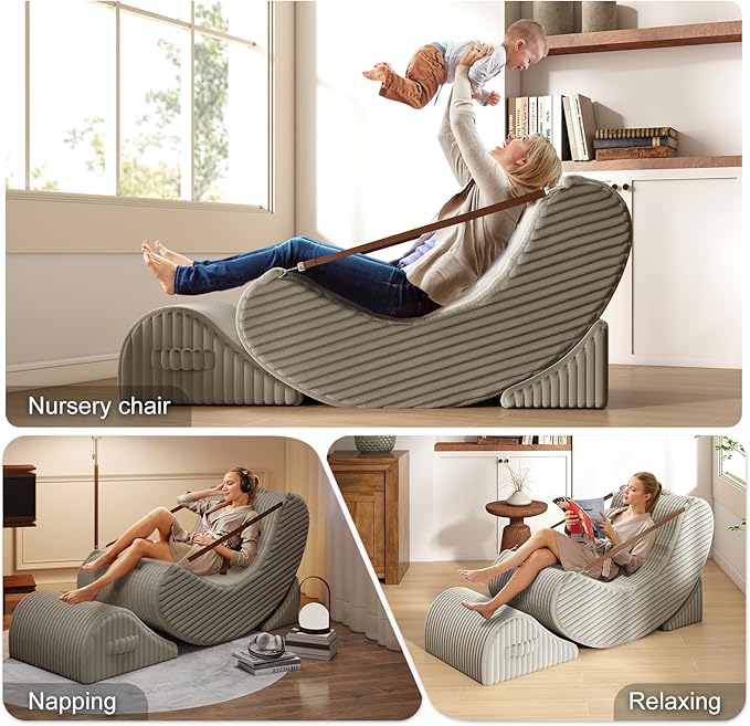 Gaint Bean Bag Chairs for Adults, Beanbag Lounge Filled with Memory Foam, Adjustable Angle, Corduroy Fabric, with Detachable Footrest for Bedroom, Living Room and Nursery(Khaki)
