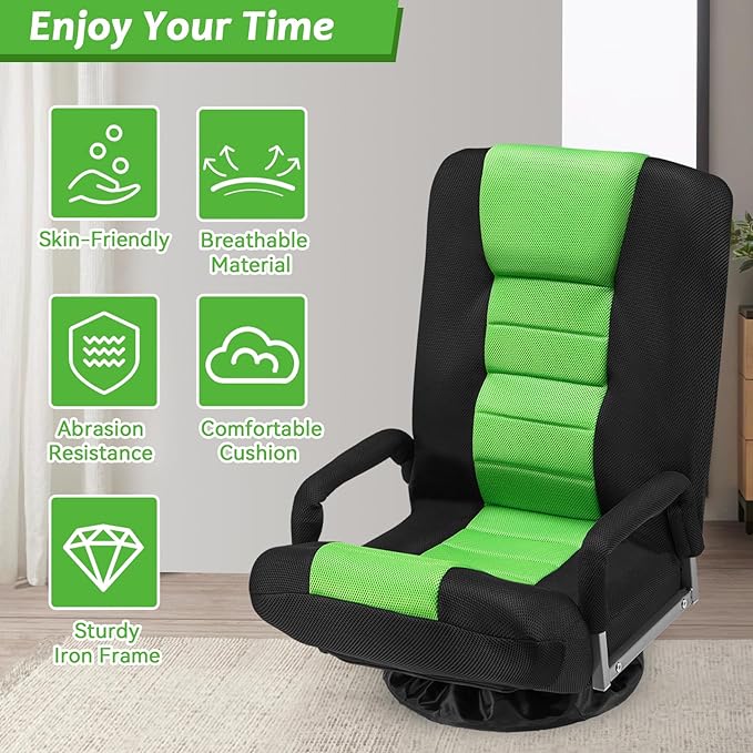 360° Swivel Chair 6 Adjustable Positions Backrest with Armrest Foldable Floor Chairs Suitable for Reading, Relaxing, Mediation,Green