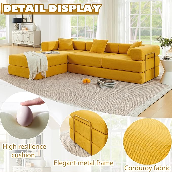 HANXIN 108" Modular Sectional Sofa,Futon Convertible Sofa Bed,Oversized Corduroy Boneless Couch for Living Room,Floor Loveseat Sleeper with Pull Out Bed,Free Combination,No Assembly Required (Yellow)