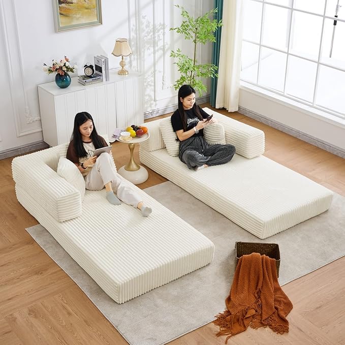 Folding Sofa Bed, Corduroy Loveseat Sleeper with Fixed-Shape Frame, No Assembly Needed Futon Couch, Convertible Floor Sofa Lounge Couch for Living Room, Bedroom, Lounge Studio, Ivory