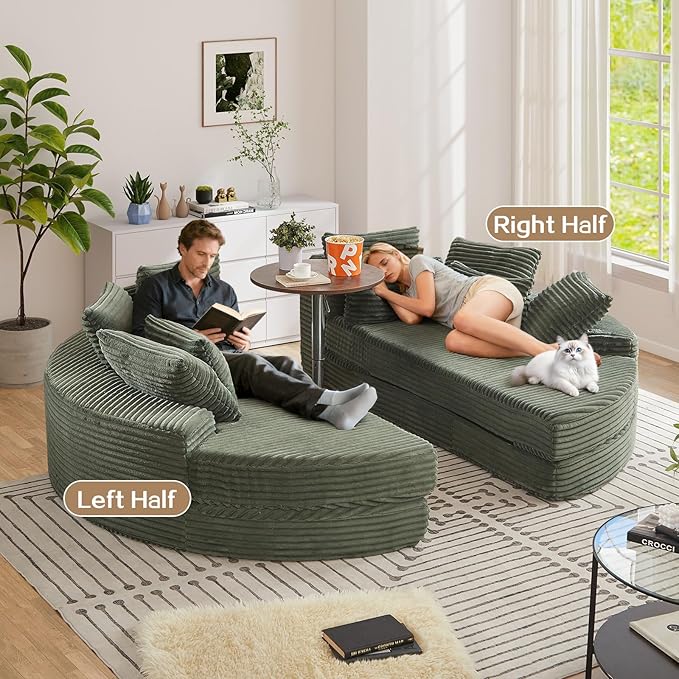 Antetek Chaise Lounge Chair Indoor, Convertible Folding Futon Sofa Bed w/ 5 Pillows, Fluffy Corduroy Boneless Compressed Memory Foam Couch for Living Room, Bedroom (Green, Left Half)