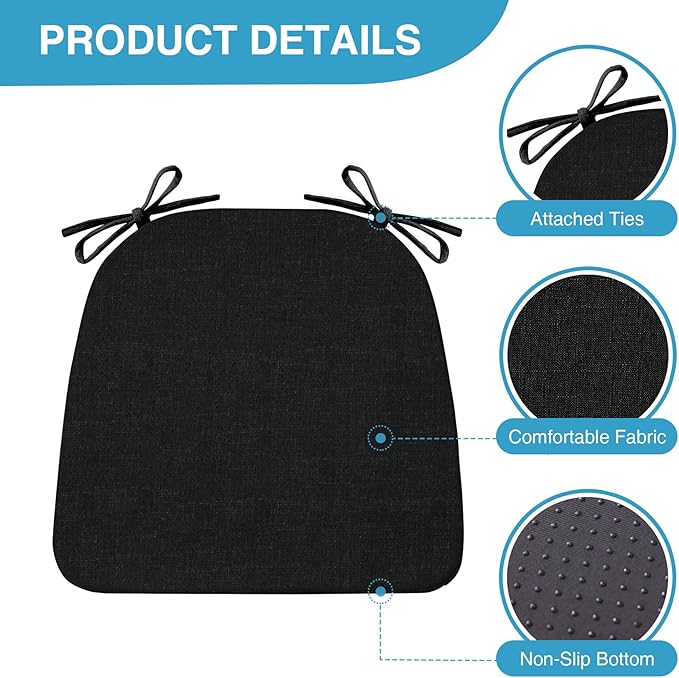 Chair Cushions for Dining Chairs Set of 4, Non Slip Kitchen Chair Pads, 17" x 16" x 2", Indoor Dining Chair Cushions with Ties, D-Shaped Seat Cushions for Kitchen Chairs, Black