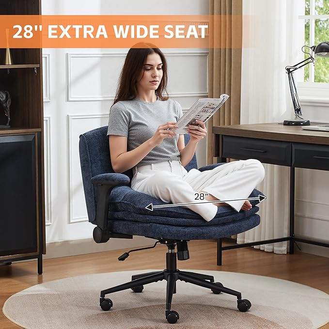 Criss Cross Chair with Flip-up Arms, Wide Criss Legged Chair with 3 Layer Cushion, Ergonomic Office Desk Chair with Wheels, Swivel Vanity Chair for Office, Living Room, Bedroom, Chenille Blue