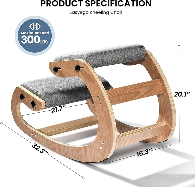 Easyego Kneeling Chair Ergonomic Posture Chair, Wood Adjustable Rocking Knee with Soft Padding, Natural Relief for Neck or Back Pain for Home Office, Max Load 300 lb - Gray