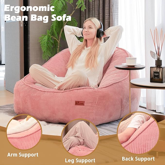 Giant Bean Bag Chair for Adults, Teens and Kids, Cozy Fluffy Corduroy Beanbag Chair with Filler, Large Floor Lounge Sofa for Living Room, Bedroom, Dorm, Gaming and Reading(L-Pink)