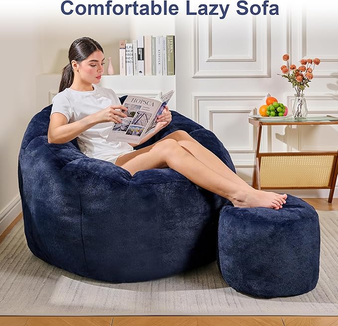 Pumpkin Shaped Bean Bag Chair with Ottoman, Gaint Bean Bag Chair for Adults, Faux Rabbit Fur Comfy BeanBag Floor Sofa Chair for Reading, Playing, Relaxing, Dark Blue