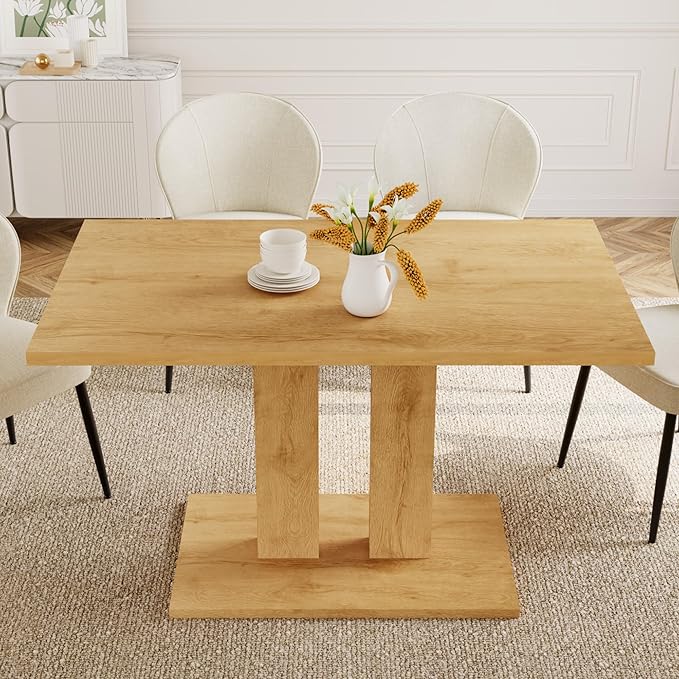 Dining Table Set for 4-6 People, 46 Inch Modern MDF Oak Kitchen Table with 4 Fabric Dining Chairs, Rectangular Dining Room Table Set for Home, Small Spaces, Breakfast Nook (Oak Table + 4 Beige Chairs)