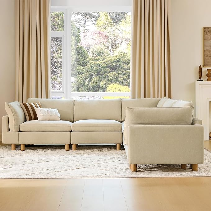 CHITA 118" Super Large Sectional Couches for Living Room, Modular Cloud Couch Sectional Sofa, Premium Fabric Couches, Down Filled, High Density Foam, Chenille in Beige, 5 Seat Corner Couch