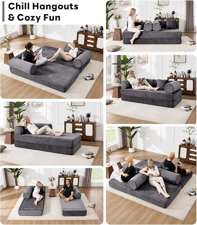 Tbfit 79'' Folding Boneless Couch, Oversized Corduroy Convertible Sofa Bed, Futon Mattress Sleeper Sofa, Comfy Foldable Upholstered Floor Couches for Living Room, Gray