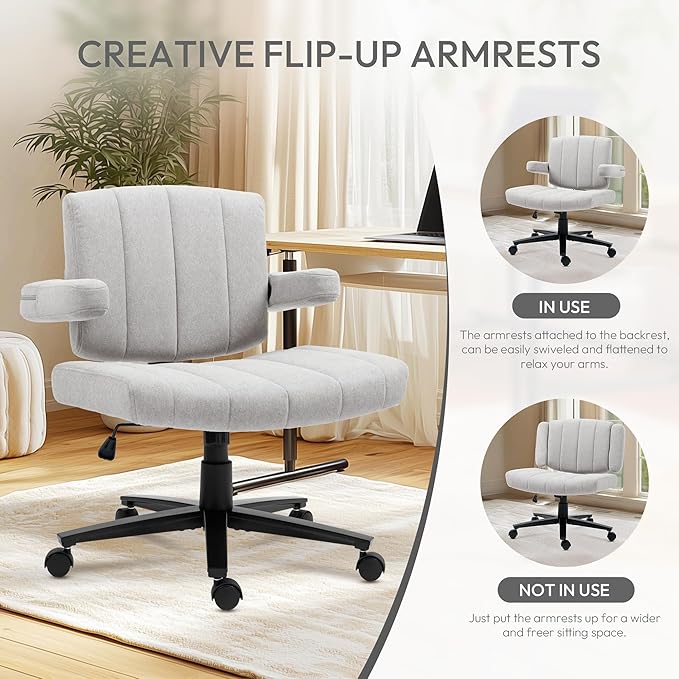 Vigosit Grey Criss Cross Office Chair with Wheels, Ergonomic Wide Seat Vanity & Dressing Table Chair, Adjustable Arms Swivel Rolling Desk Chair for Women, Comfortable Cross-Legged Support