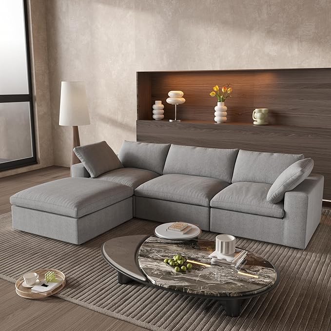 WJShome 120.45" Cloud Modular Sectional Sofa with Storage Ottoman, L Shaped Minimalist Convertible Couch Deep Seat Sofa for Living Room Sofa Sets (Light Grey, 3 Seater+1 Ottoman)