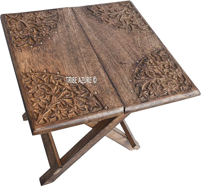 Small Altar Table for Meditation, Puja, Wiccan, Buddhist Practices - Wooden Low Side Table, Japanese Tea Table, Folding Dragon Design With Floral Pattern