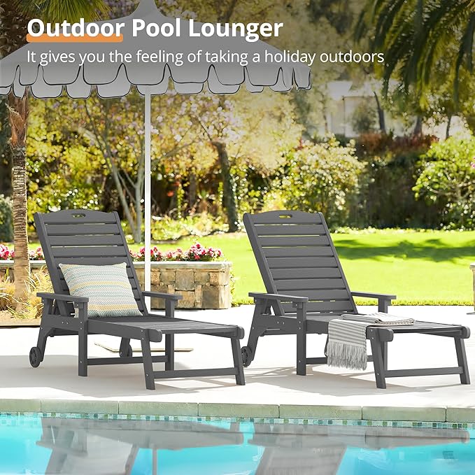 LUE BONA Chaise Lounge Chair with Table, 3-Piece, HDPS Chaise Lounger, 5 Positions Adjustable Lounge Chairs, Pool Lounge Chair with Wheels for Poolside, Backyard, Dark Gray