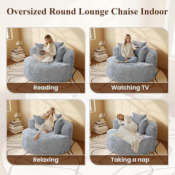 WJShome 50'' Corduroy Single Foam Couches, Oversized Round Chair with Pillows, Circle Chair Sleeper Couch,Modern Sleeper Boneless Sofa for Reading, Gray