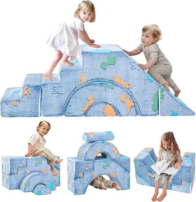 MeMoreCool Foam Climbing Toddler Couch, Modular Kids Sofa with Slide & Stair, Convertible Baby Couch for Playroom, Sectional Furniture for Crawling, Climbing, and Kids’ Play