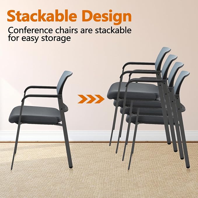 CLATINA Mesh Back Stacking Arm Chairs with Upholstered Fabric Seat and Ergonomic Lumber Support for Office School Church Guest Reception Grey (Gray-4 Pack)