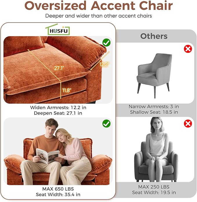 HUSFU Oversized Accent Chair with Ottoman, Chenille Cloud Couch Chair with Deep Seat and Extra Wide Armrests, Comfy Reading Armchair for Bedroom, Living Room, Terracotta Orange