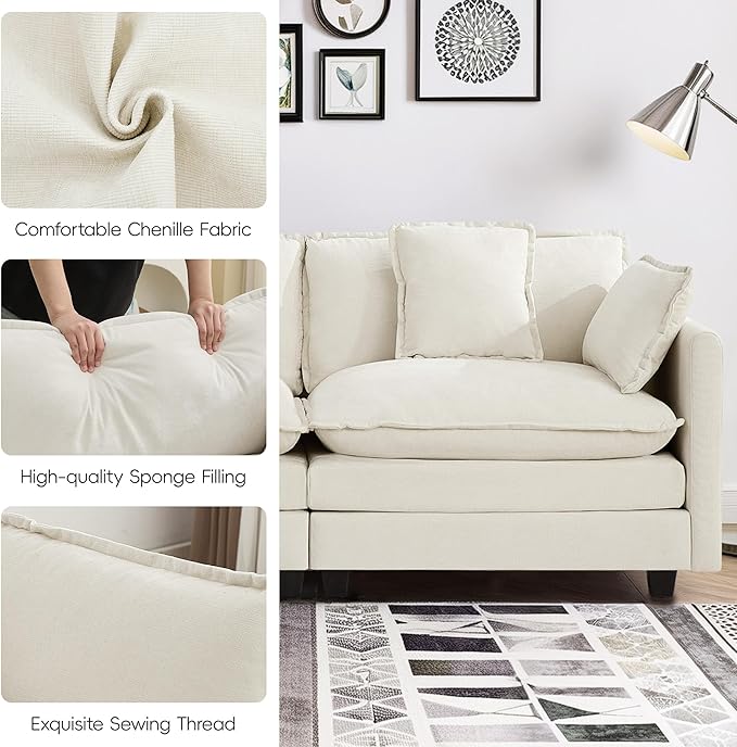 UMBFUN 3-Seater Cloud Couch with 2 Ottomans, Oversized Modular Sectional U Shaped Sofa with Deep Seat Cushions, Comfy Chenille Couch for Living Room, Beige