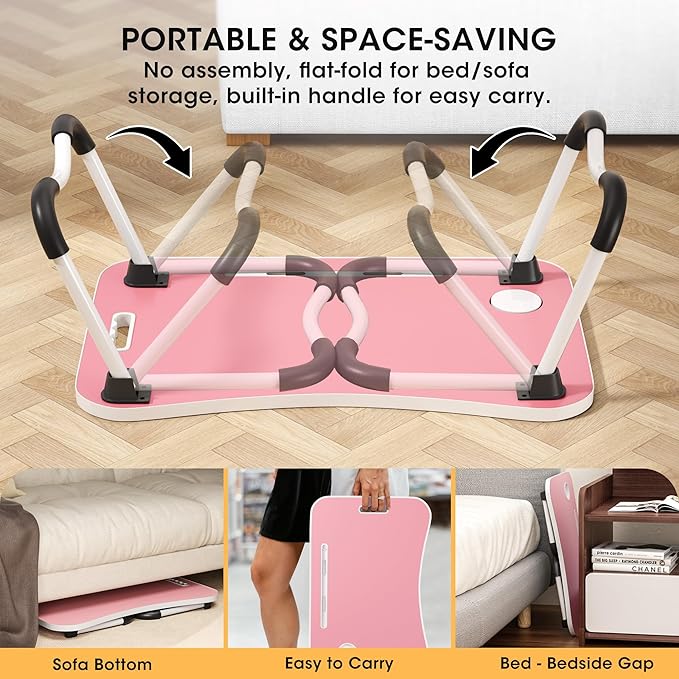 Folding Lap Desk, 23.6 Inch Wood Laptop Bed Desk with Cup Holder, Portable Bed Table for Working Writing Reading & Eating for Bed, Sofa, Couch, Floor - Pink