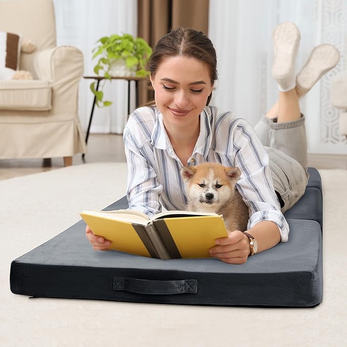 BALAPET Floor Lounger Pillow,Foldable Soft Memory Foam Floor Pillow Portable 3-Piece Folding Pillow with Handle,Suit for Meditation,Playing,Yoga,Reading,Sleeping(Dark Gray)
