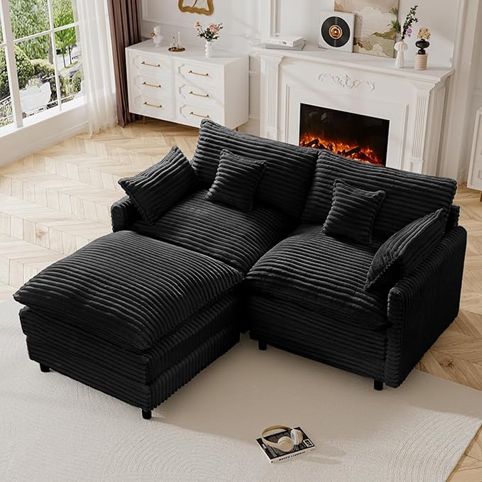 HYJT-H&K 74" L Shaped Cloud Couch Modular Small Sectional Couches for Living Room Small Spaces, Comfy Fluffy Corduroy Cloud Loveseat with Ottoman 3 Seat Sectionals Sofa, Black
