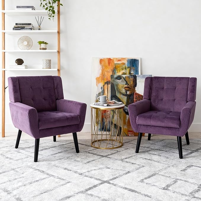 OO BY ORANGE ONLINE Set of 2 Velvet Accent Chair, Mid-Century Modern Tufted Armchair for Living Room, Bedroom & Office (Purple)