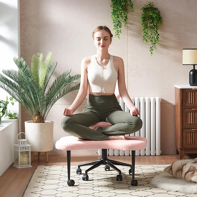 Pinmoco Ergonomic Cross Legged Chair, 360° Swivel Meditation Chair with Wheels, Height Adjustable Seat for ADHD, Strong Lumbar Support, Chic Home Office Furniture, Teddy Fabric, Pink