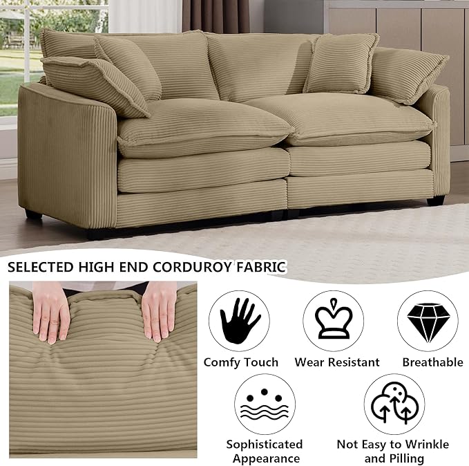 Aoowow Corduroy Loveseat Couch,Modern 2 Seater Cloud Couches for Living Room,Modular Sectional Cloud Sofas with Deep Seat,Large Love Seat for Small Spaces,Apartment,Office. (Tan, 2 Seater)