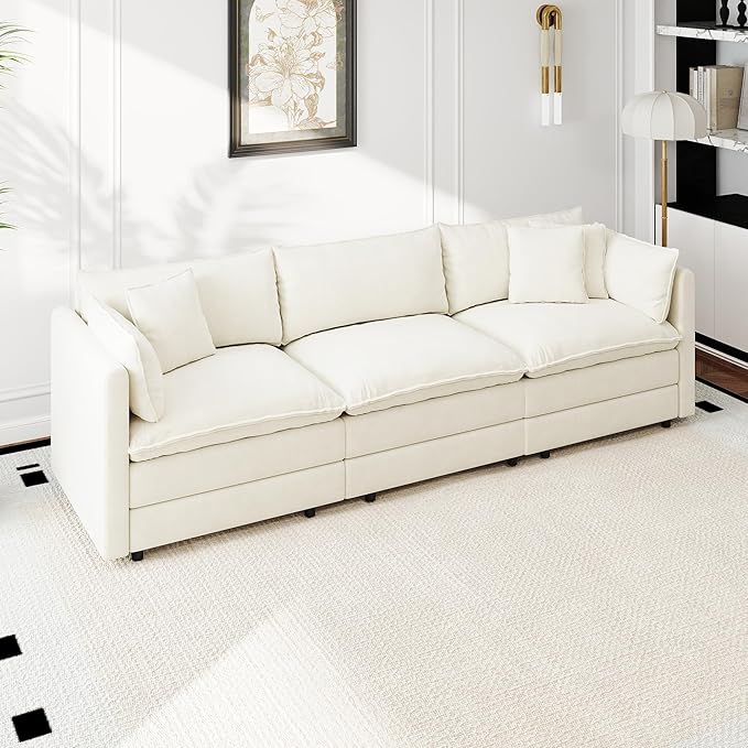 Aoowow Modular Sectional Sofa,112.2 Inch Modern Deep 3-Seater Sofas Comfy Chenille Cloud Sofas and Couches with Pillows for Living Room Apartment（Beige）