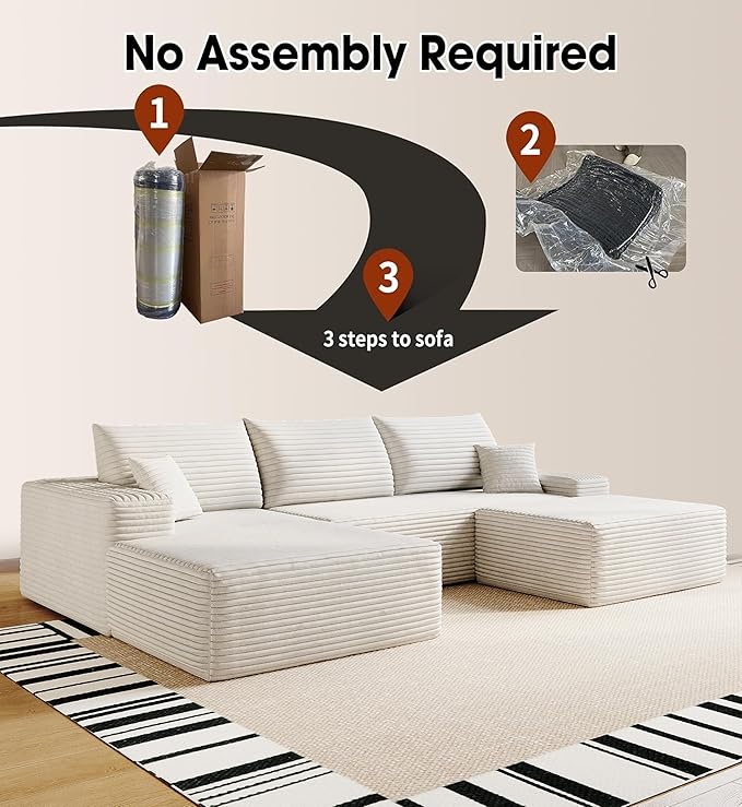 AUGOP 108" Sectional Couches for Living Room Modern Modular Sofa with L-Shape Couchs Upholstered Boneless Couch Deep Seat Sectional Couch with Chaise (White, Left Facing Chaise+2Seaters+1Ottoman)