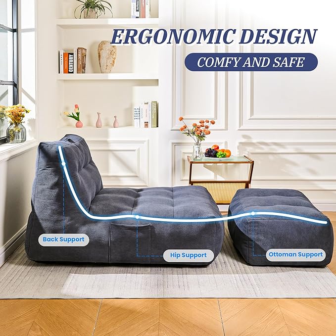 Bean Bag Chair with Ottoman, Giant Bean Bag Chairs for Adults with Memory Foam, Comfy Bean Bag Sofa for Bedroom, Lounge Beanbag of Reading and Gaming with Filler Included (Grey)