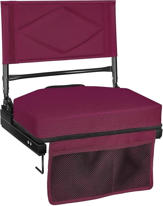 behairity Adjustable Stadium Seats with Back Support – 4-Position Reclining Bleacher Chairs with Padded Cushion, Foldable Portable Stadium Chair with Front Pocket and Shoulder Strap (Red)