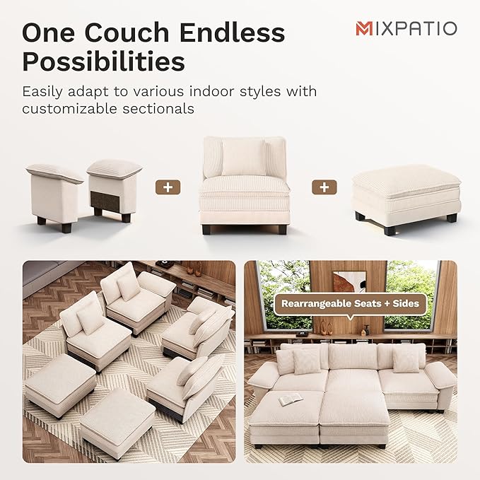 MIXPATIO 123-Inch L Shaped Sectional Sofa with Cloud Cushions, Deep Seat Modular Couch Set w/ 4 Seats & 1 Ottomans, Plush Chenille & Corduroy Upholstery for Living Room, Apartment - Beige