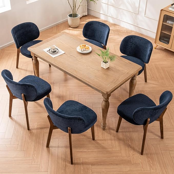 YOUNUOKE Upholstered Dining Chairs Set of 6, Modern Chenille Fabric Dining Room Chair with Wood Legs, Widen Backrest Comfy Armless Side Kitchen Chairs, Blue