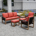 INTER HUT Rustic Hideaway Natural Cedar Wood Outdoor Furniture Set, Wicker Patio Conversation Set for Porch Garden Backyard, Couch, 2 Patio Chairs, Side Table and 2 Ottomans, 6 Piece, Brownish/Red