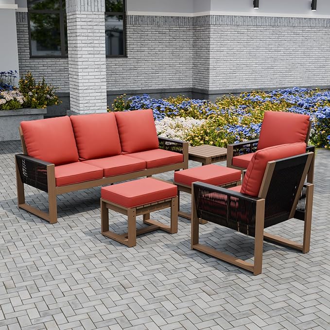 INTER HUT Rustic Hideaway Natural Cedar Wood Outdoor Furniture Set, Wicker Patio Conversation Set for Porch Garden Backyard, Couch, 2 Patio Chairs, Side Table and 2 Ottomans, 6 Piece, Brownish/Red