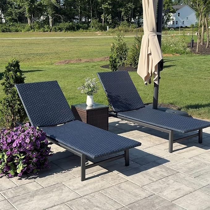 PURPLE LEAF Patio Chaise Lounge Chairs Outdoor Set of 2, Wicker Pool Lounge Chairs for Outside with Adjustable Backrest, Aluminum Sunbathing Lounger for Patio, Poolside, Garden, Navy Blue