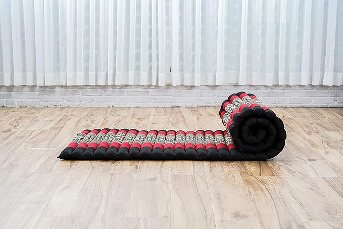 Leewadee - Foldable Floor Mattress - Japanese Roll Up Futon -Trifold Tatami Mat- Guest Floor Bed - Camping Mattress - Thai Massage Mat, Kapok Filled, 75 x 20 inches, Black Red