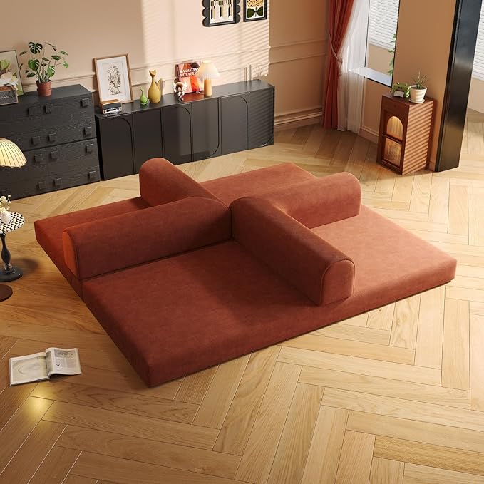 Convertible Sleeper Sofa Bed Boneless Cloud Comfort Orange Futon Couch for Lounging & Sleeping, Removable & Washable Corduroy Sofa Cover, Floor Sofa Folding Mattress for Guests, Small Spaces